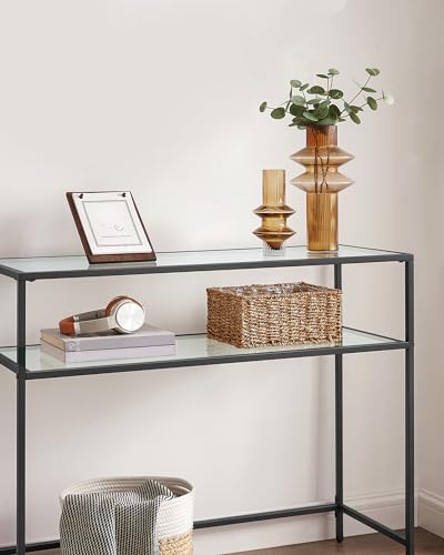 Black 39.4 Inch Console Sofa Table with Tempered Glass Shelves - Glam Style