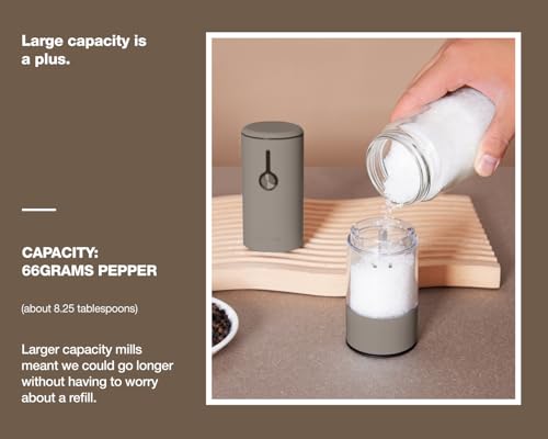 GORMODE 2-Pack Rechargeable LED Salt & Pepper Grinders, Adjustable Coarseness, One-Hand Operation, USB Charging, Dust Cover, Greige & Buttercream