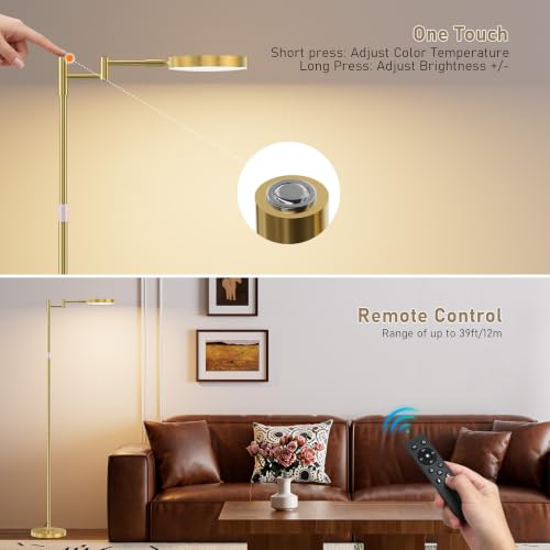 Antique Brass Gold LED Floor Lamp with Remote, Adjustable Height & Dimmable Light