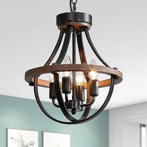 Farmhouse Pendant Light Fixture - 4-Light Rustic Ceiling Chandelier with Adjustable Chain - Brown Black Variation
