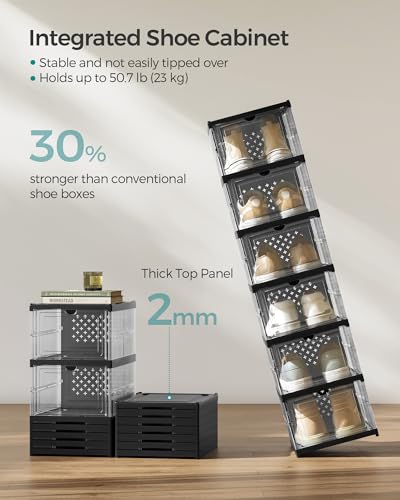 SONGMICS Foldable Shoe Storage Boxes 6-Tier Set with Transparent + Ink Black, Fits US Size 13, 18 Pack