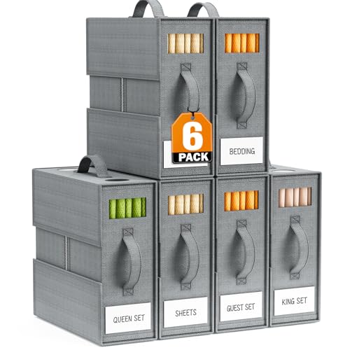 6 Pack Sheet Organizers with Clear Windows & Reinforced Handles - Durable Bed Storage Bins