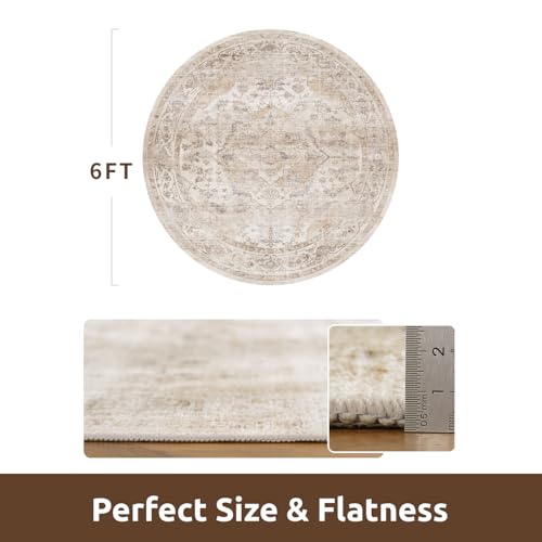 6ft Round Beige Rug for Living Room & Bedroom - Non Slip, Machine Washable
