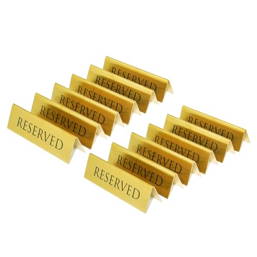 Gold Metal Reserved Sign for Restaurants & Events - Pack of 12 - 6x1.75 inches - Double Sided Tent Sign - Wedding & Ceremony Decor - Variation of 12