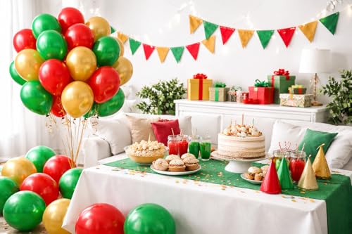 DREAM DECOR Celebrating Life's Moments Red Green Gold Balloon Kit - 50 Assorted Latex Balloons for Christmas & Parties