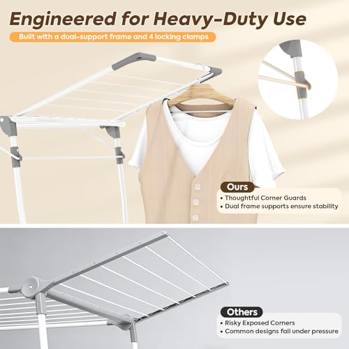 Heavy Duty Folding Clothes Drying Rack 68.5 Inch with Sock Clips - Large Laundry Organizer