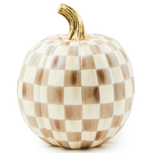 MACKENZIE-CHILDS Resin Pumpkin, Small, Brown-and-White Mocha Check