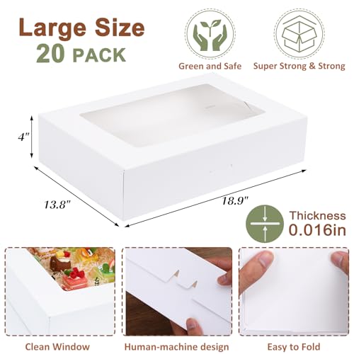 Moretoes 20pcs Large 19x14x4in Cake Boxes with Window - Auto-Popup, Clear Window, Food-Grade Paperboard, Cake & Pastry Packaging