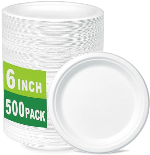 Heavy Duty Compostable Paper Plates 6 Inch Biodegradable Bagasse & Bamboo - 500 Count