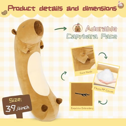 Long Plush Body Pillow - 39.5 Inch Brown Capybara Stuffed Animal for Sleep & Comfort