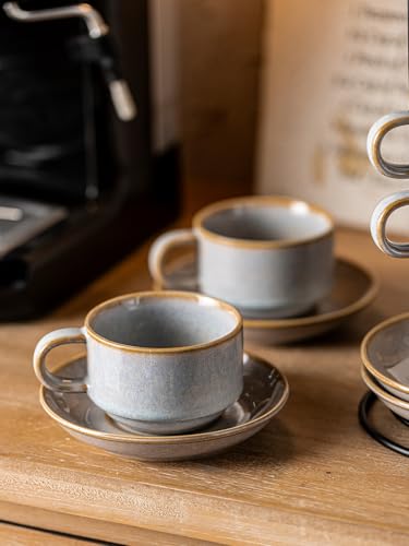 Gomakren 6oz Stackable Cappuccino Cups Set of 4 with Saucers & Stand,
