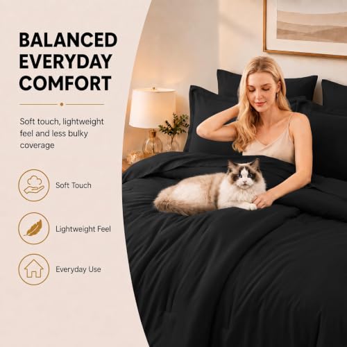CozyLux Queen Comforter Set Black 7-Piece Bed in a Bag - All Season Microfiber Bedding