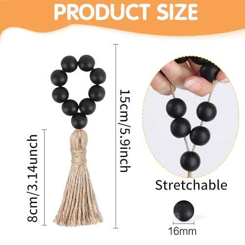 Meplait 6 Pieces Wooden Bead Napkin Rings - Farmhouse Stretchable With Tassel, Boho Style for Dining Table, Wedding Decoration (Black)