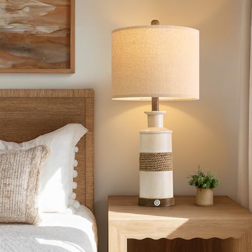 Boho Farmhouse Rattan Bedside Table Lamps Set of 2 - 24.5 inch Nightstand Lamps with Touch Dimmable Lights & USB Ports - Boho Variation