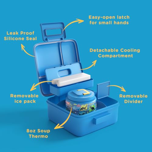 JXXM Dinosaur Blue Kids Bento Lunch Box Set with Thermo Food Jar & Leak-Proof Containers
