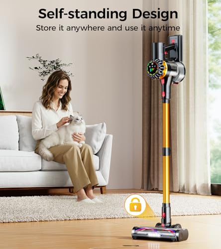 Cordless Vacuum Cleaner 600W 50KPA Self-Standing Touch Screen Pet Hair Carpet Hard Floors - Gold