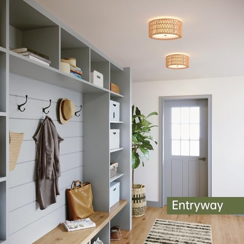 Brown Rattan Ceiling Light Fixture - 12.6 Inch Boho Bohemian Style, Dual-Layer Design