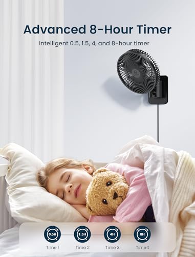 Black Frame 8.5-Inch Wall-Mounted Oscillating Fan with Remote & Timer - Small Indoor Bedroom & Garage Cooling