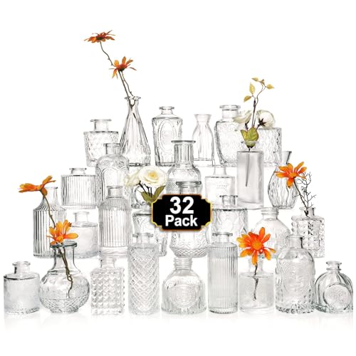 Clear Glass Bud Vase Set of 32 - Small Vintage Flower Vases for Centerpieces