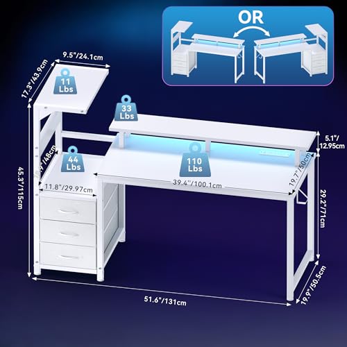 52-Inch Reversible Gaming Desk with LED Lights & Power Outlets, White