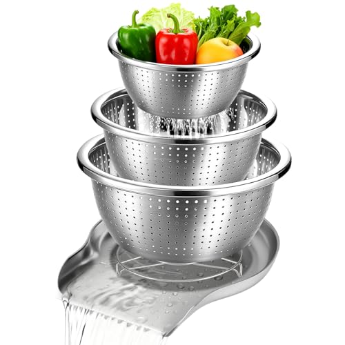 3 Sizes Stainless Steel Colander Set with Self-Draining Base Plate - Food Strainers for Pasta, Rice, Fruits & Veggies
