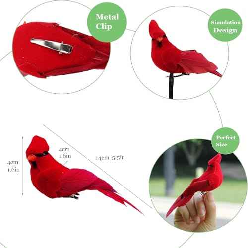 6pcs Red Cardinals Bird Decor Christmas Tree Ornaments 5.5Inch Clip on Fabric Feathered Artificial Birds for Xmas Party Decoration Wreath Crafts