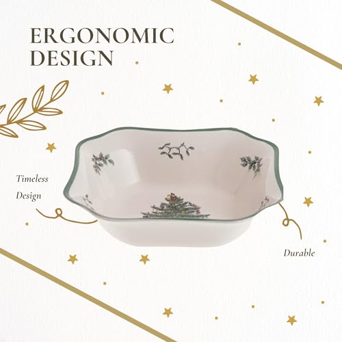 Spode Christmas Tree 9.5-Inch Square Salad Bowl - Festive Holiday Ceramic Serving Dish with Holiday Design