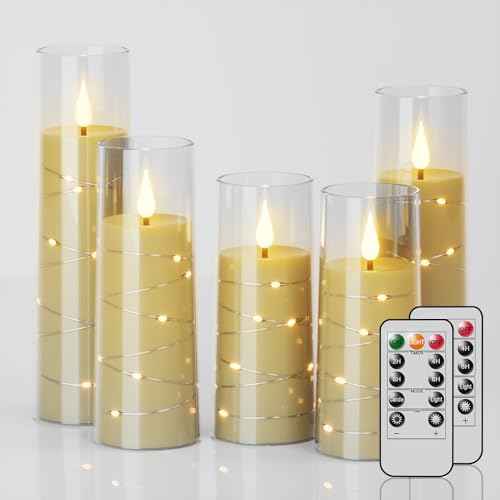 GenSwin Flickering Flameless Candles with Remote Timer, 5 Pack Battery Operated with Embedded Star String, Clear LED Battery Candles for Halloween Christmas Wedding Decor(D2.3¡± x H5¡±5¡±6¡±7¡±8¡±)
