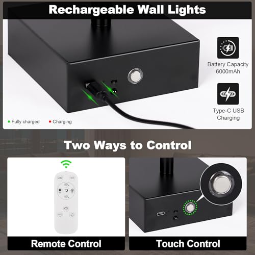 Black 29.1 Inch Battery Operated Dimmable LED Wall Sconce Set with Remote Control