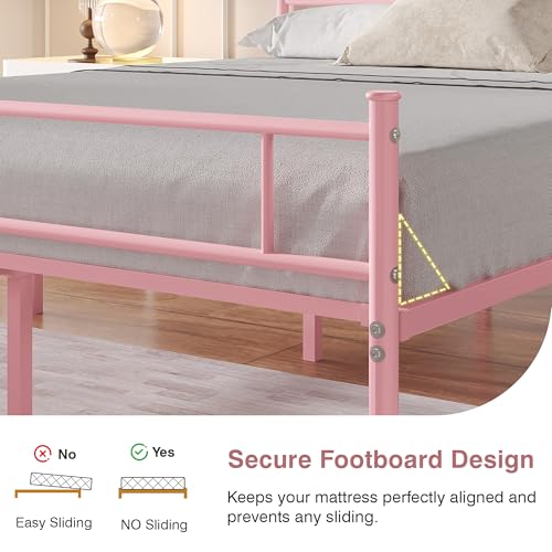 Pink Queen Size Metal Bed Frame with Headboard & Footboard - Heavy Duty, No Box Spring Needed, 14 Inch