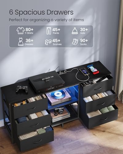 TV Stand for 65 Inch TVs with 6 Fabric Drawers and Shelves - Ink Black, 13.8"D x 57.8"W x 26.8"H