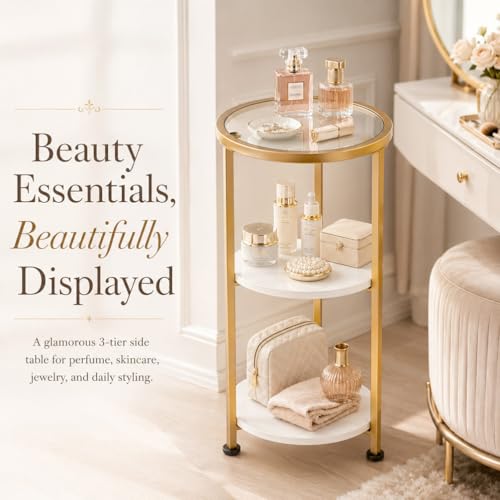 3-Tier Tempered Glass Side Table - White & Gold Space-Saver