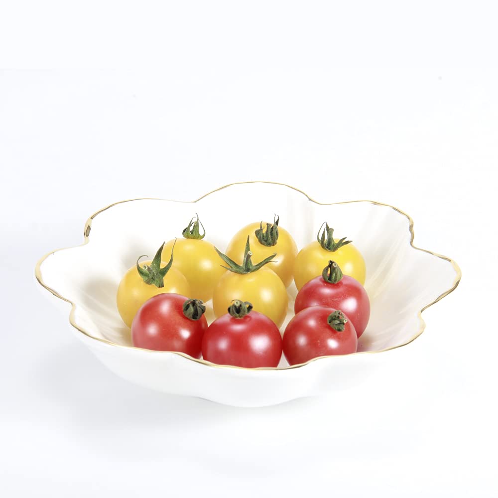 HOKMOKQOK Porcelain Serving Dish,Ceramics Flower Relish Tray with Metallic Rim,Serving Bowls for Wedding,Party Perfect for Small Cereal, Pasta, Salad, Candy and Snacks White 6.6 inch (6.6 inch)