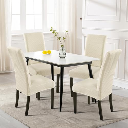 SearchI Beige Rhombus Set of 6 Dining Chair Covers - Stretch Jacquard Parson Slipcovers