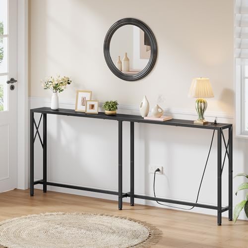 70-Inch Sofa Table Behind Couch with Charging Station - Black, Narrow Console Table