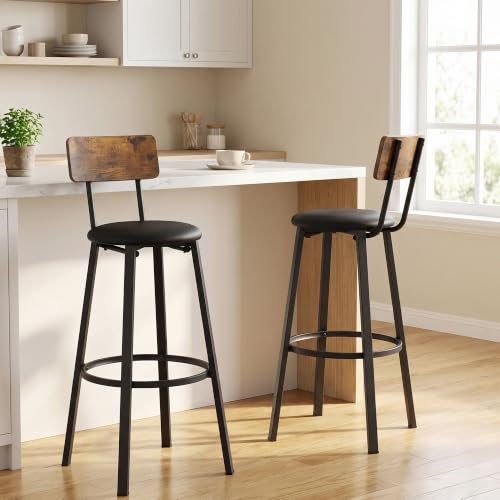 VASAGLE Rustic Brown & Black Set of 2 Bar Stools - 29.7 Inch Modern Kitchen Chairs