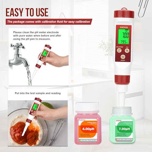 Digital pH Meter for Food Fermentation - Red, Calibrates with Solution