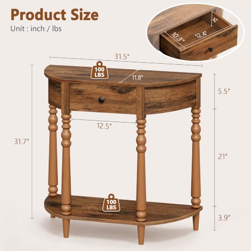 Hoctieon Half Moon Console Table with Drawer - Rustic Brown Entryway Table