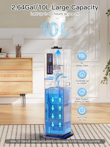 Zeova 10L Black Ultrasonic Cool Mist Humidifier for Large Rooms with Remote