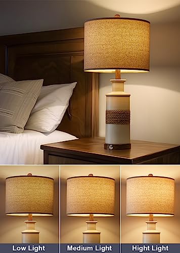 Boho Farmhouse Rattan Bedside Table Lamps Set of 2 - 24.5 inch Nightstand Lamps with Touch Dimmable Lights & USB Ports - Boho Variation