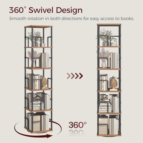 MAHANCRIS 5-Tier Rotating Corner Bookshelf - Rustic Brown & Black, Spinning Storage Rack
