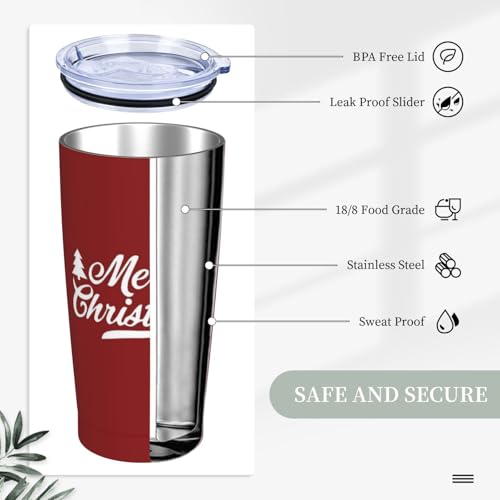 FEYAMYUN Merry Christmas 20oz Tumbler - Red White Stainless Steel Travel Mug with Lid & Straw