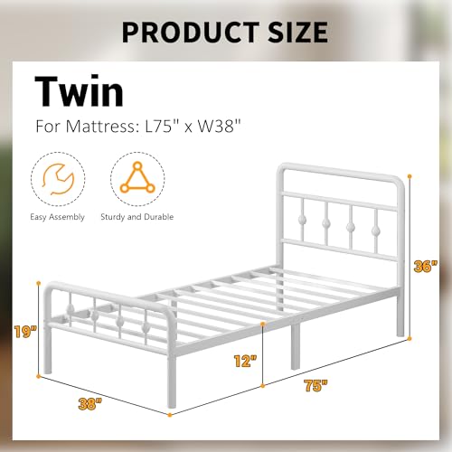 White Twin Bed Frame with Headboard and Footboard - 12 Inch Platform Bed for Kids & Teens