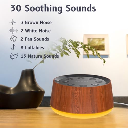 Wood Brown Noise Sound Machine with 30 Soothing Sounds & 12 Color Night Light