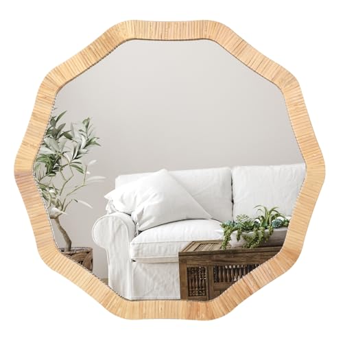 Decagonal Rattan Wicker Wall Mirror - 30 Inch Boho Wall Decor