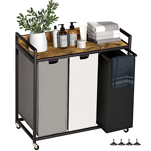 Herture 3-Bag Laundry Sorter with Shelves, 60L Capacity, Rustic Brown - Removable Bags & Wheels