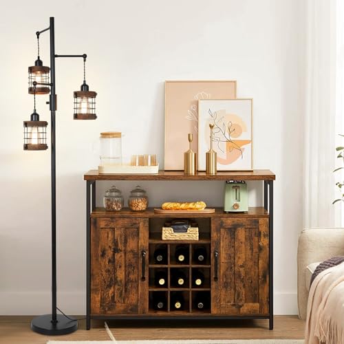 Airposta Black Wood Dimmable Farmhouse Floor Lamp with 3 Cage Lights