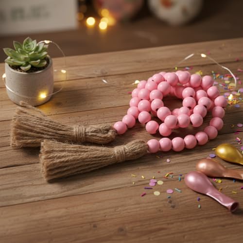 Equsion 1 Pcs Pink 0.55 Inch Wooden Bead Garland with Tassels - 3.3 ft
