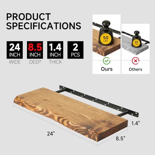 24 Inch Live Edge Floating Shelves Set of 2 - Rustic Finnish Spruce Wall Storage - Brown, Thick Edges, Easy Installation