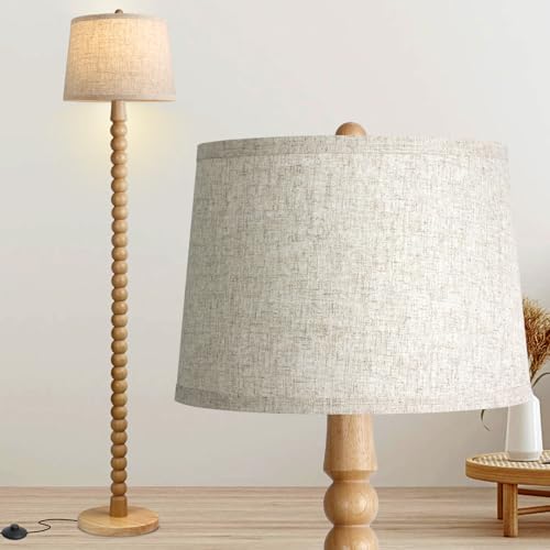 Ruiever Wooden Floor Lamp with 3 Color Changing Bulb - Farmhouse Tall Standing Lamp with Linen Shade, Real Wood Finish, for Living Room & Bedroom